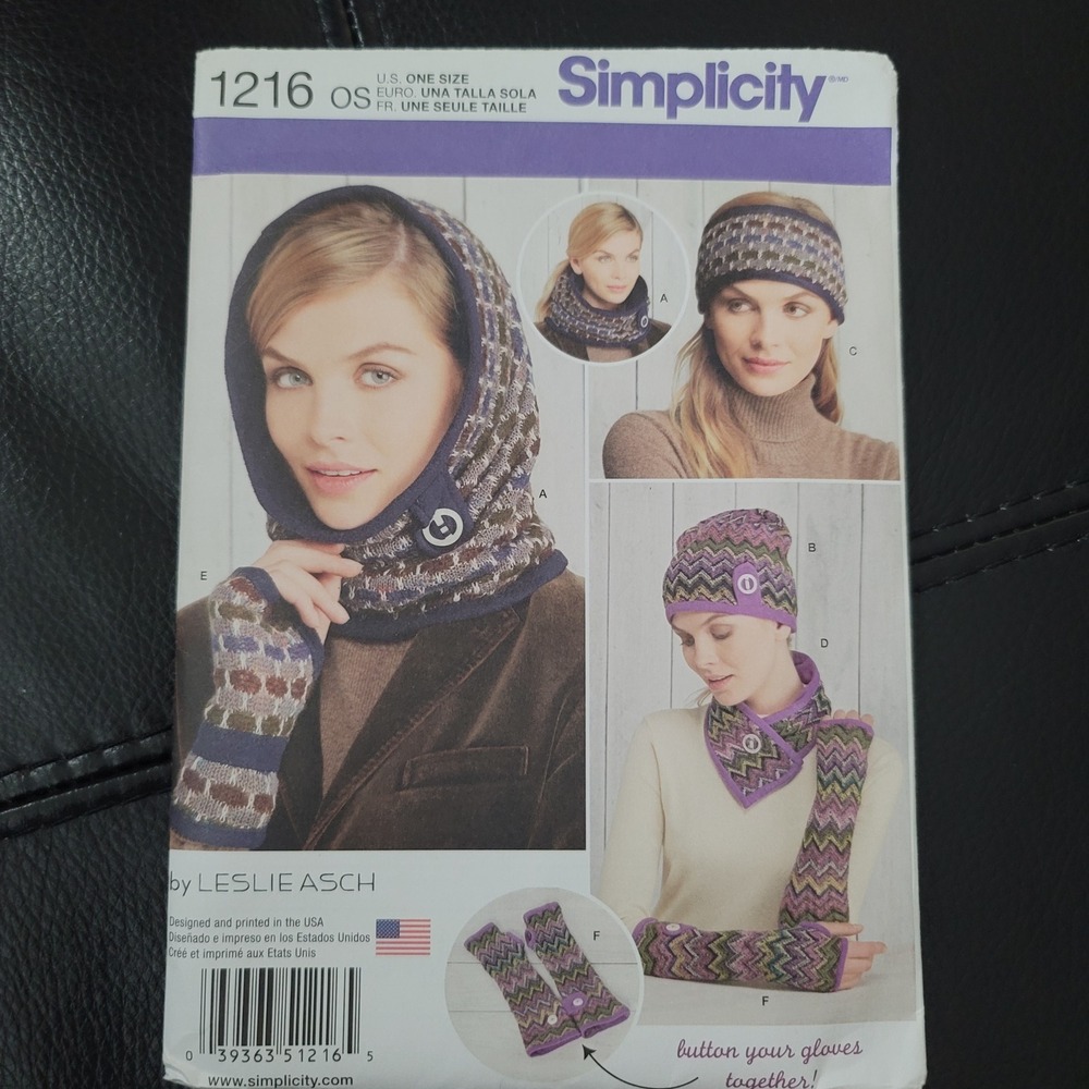 Simplicity 1216 Sewing Pattern Leslie Asch Winter Hat Scarf Fingerless Gloves OS